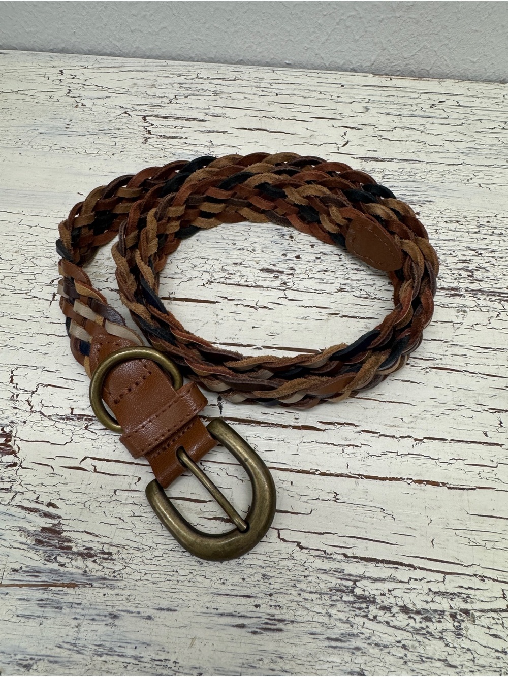 Vintage Women’s XL Genuine 100% Braided Leather Belt Brass Buckle Western Boho